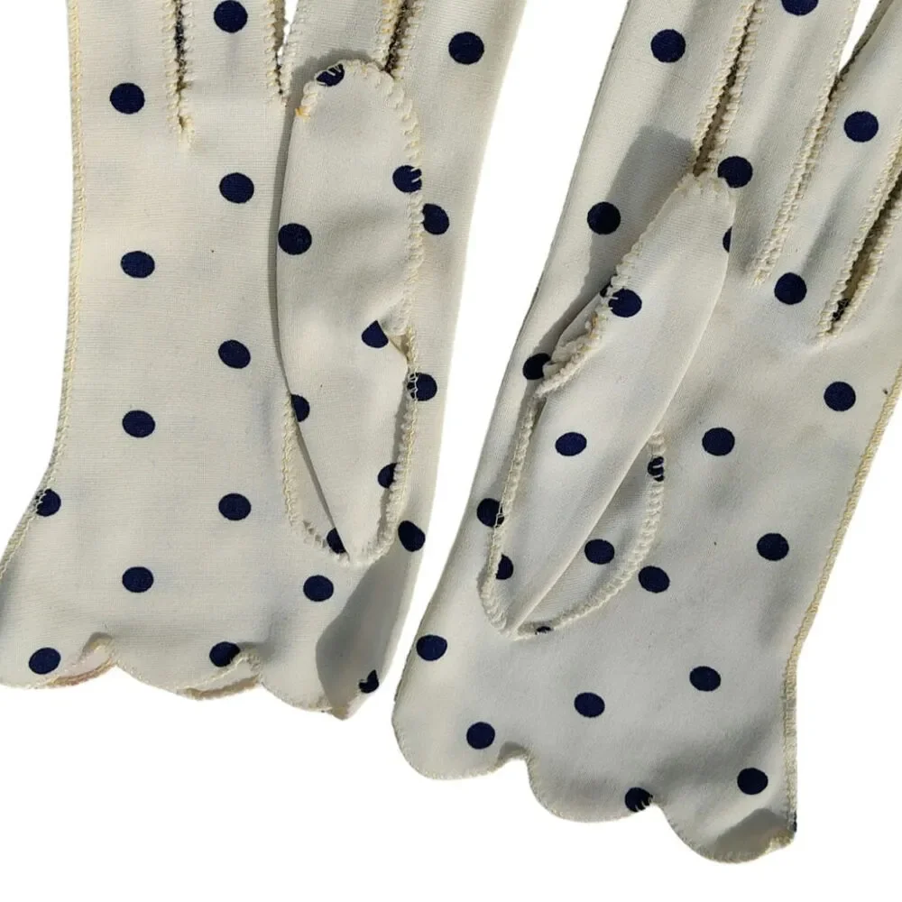 1950s Polka Dot Pin-Up Girl Era Wrist-length White Navy Blue Gloves Size M